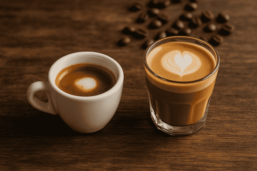 en espresso macchiato och en cortado