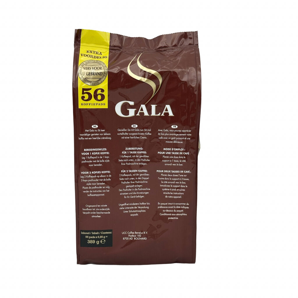 Baksida av en påse kaffe med 56 pads från Gala Dark Roast