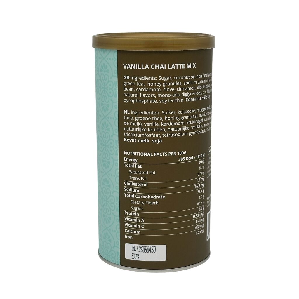 Baksida av en burk om 340 g chai tea latte-mix med vaniljsmak