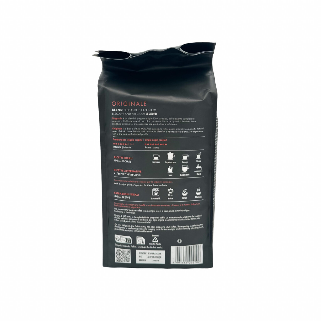 Baksida av en kilopåse kaffe från Top Pellini Originale