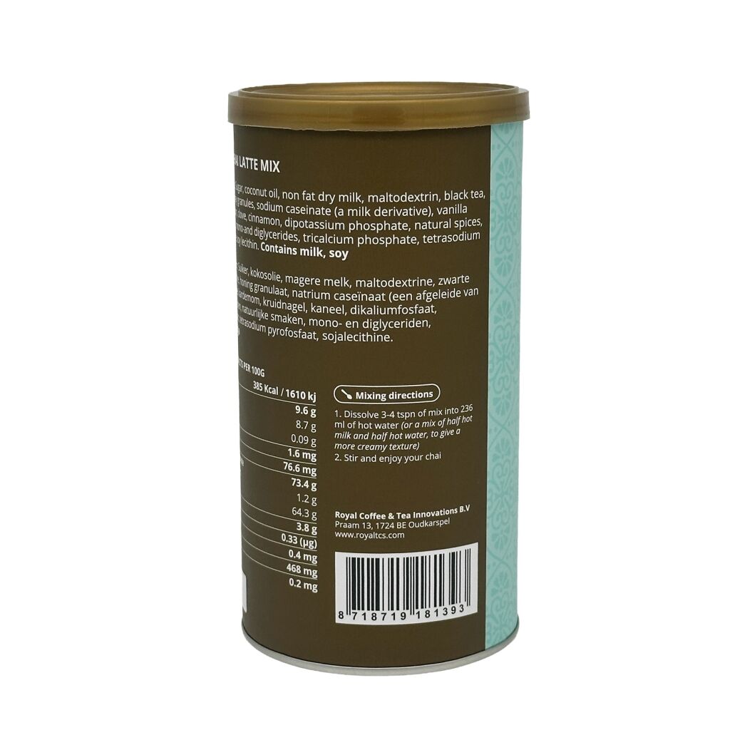Bruksanvisning på en burk om 340 g chai tea latte-mix med vaniljsmak