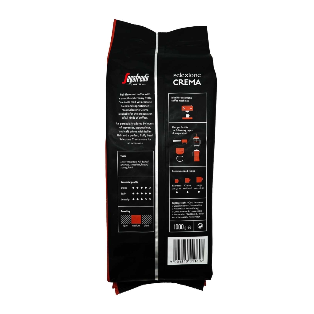 Baksida av en kilopåse kaffebönor från Segafredo Selezione Crema