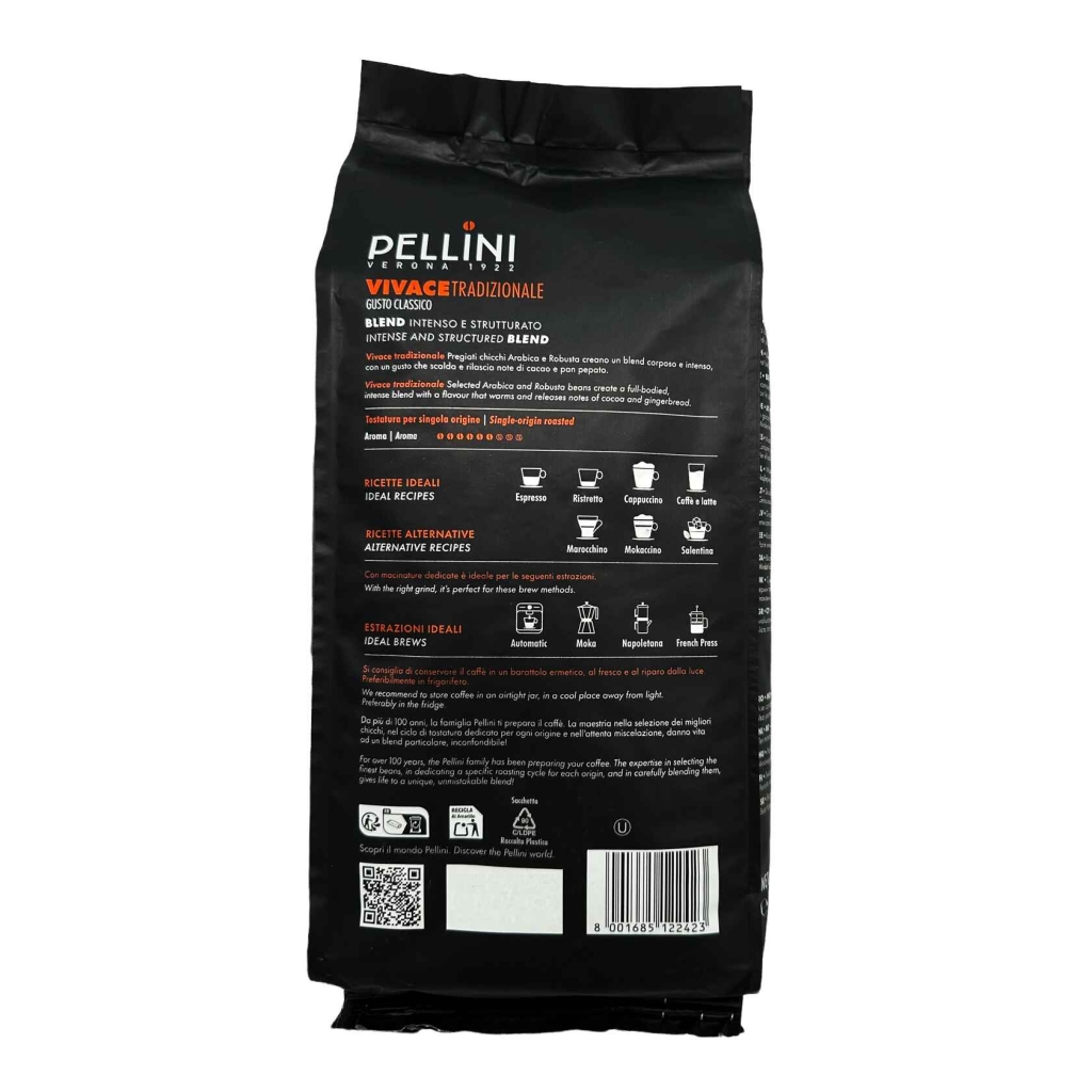 Baksida av ett kilo kaffebönor från Pellini Espresso Bar No 82 Vivace