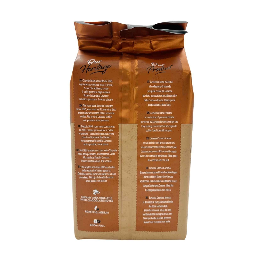Baksida av en påse Lavazza Crema e Aroma kaffebönor, 1 kg
