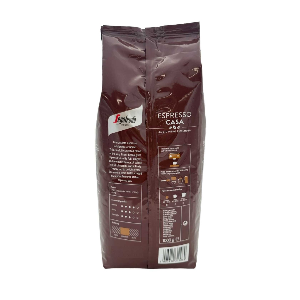 Baksida av en påse kaffebönor från Segafredo Espresso Casa, 1 kg