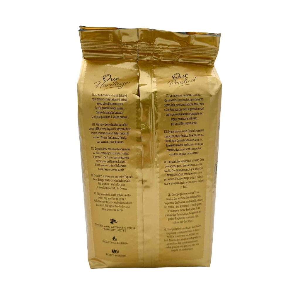 Baksida av en påse Lavazza Qualità Oro kaffebönor, 1 kg