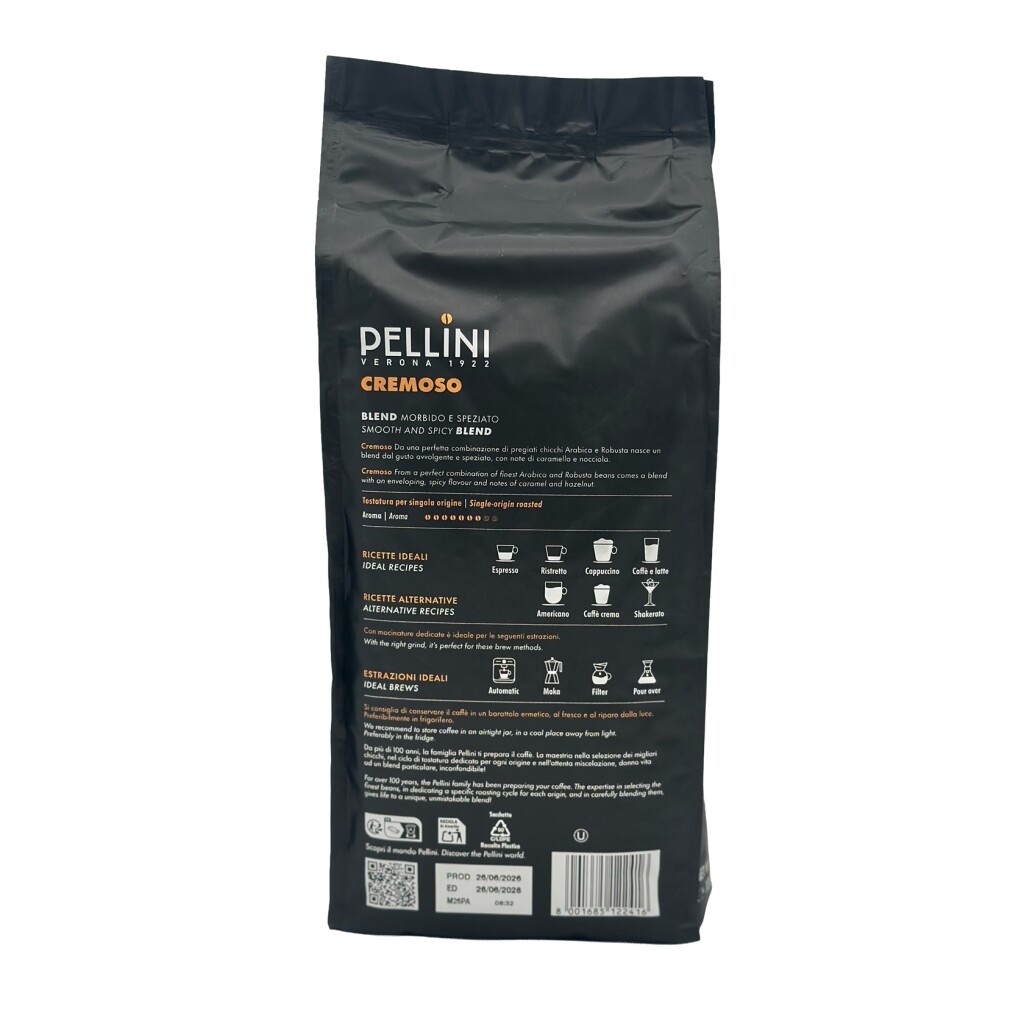 Baksida av en kilopåse kaffe från Pellini no.9 Cremoso blend Morbido e speziato