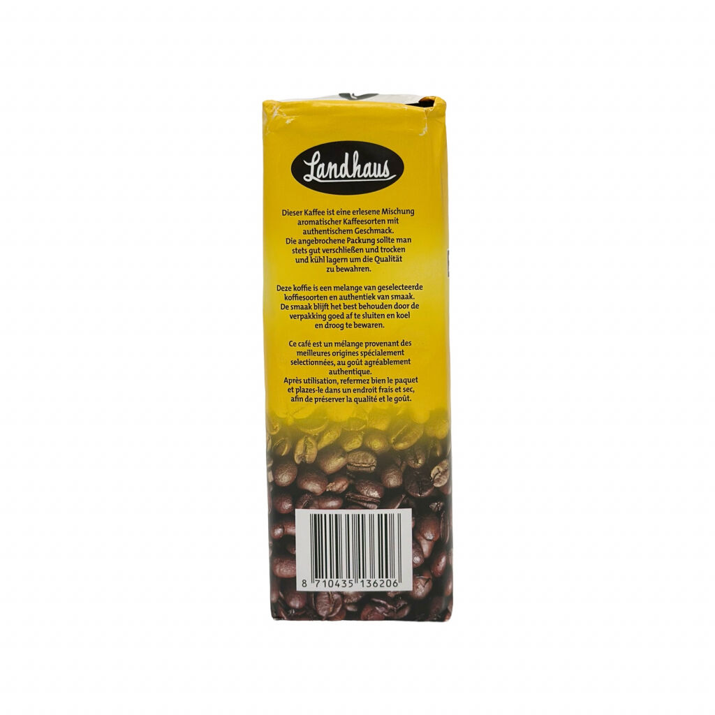 Sida av ett 500 g-paket malet koffeinfritt bryggkaffe från Landhaus Entkoffeiniert caffeïnevrij