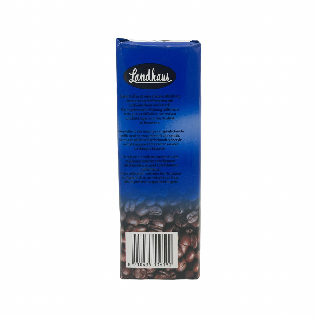Sida av ett 500 g-paket malet bryggkaffe från Landhaus Naturmild