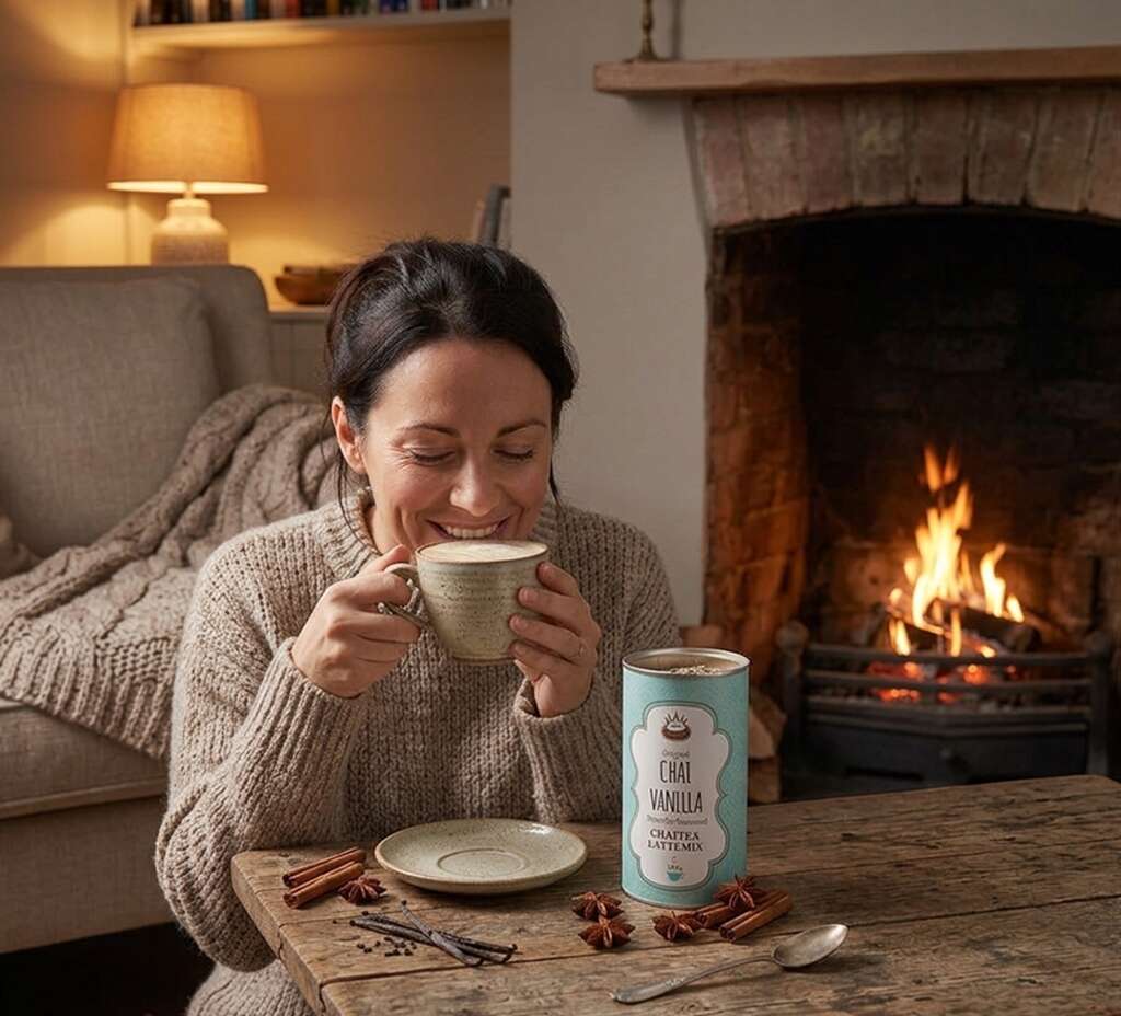 Person som är nöjd med en burk om 340 g chai tea latte-mix med vaniljsmak