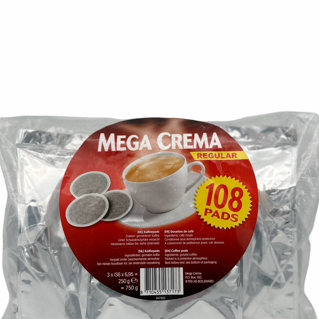 Närbild av framsidan av påsen kaffe med 108 pads från Mega Crema Regular
