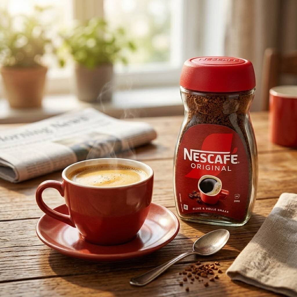 Stämningsbild av snabbkaffe och burk från Nestlé, 200 g