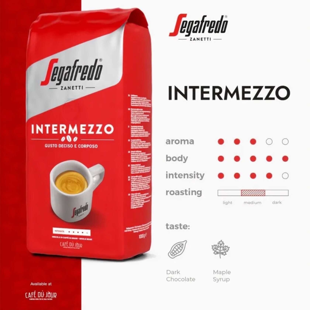 Varumärkesinformation på en kilopåse kaffebönor Segafredo Intermezzo