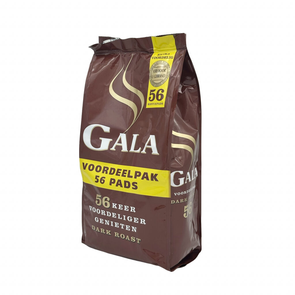 Snett framifrån av en påse kaffe med 56 pads från Gala Dark Roast