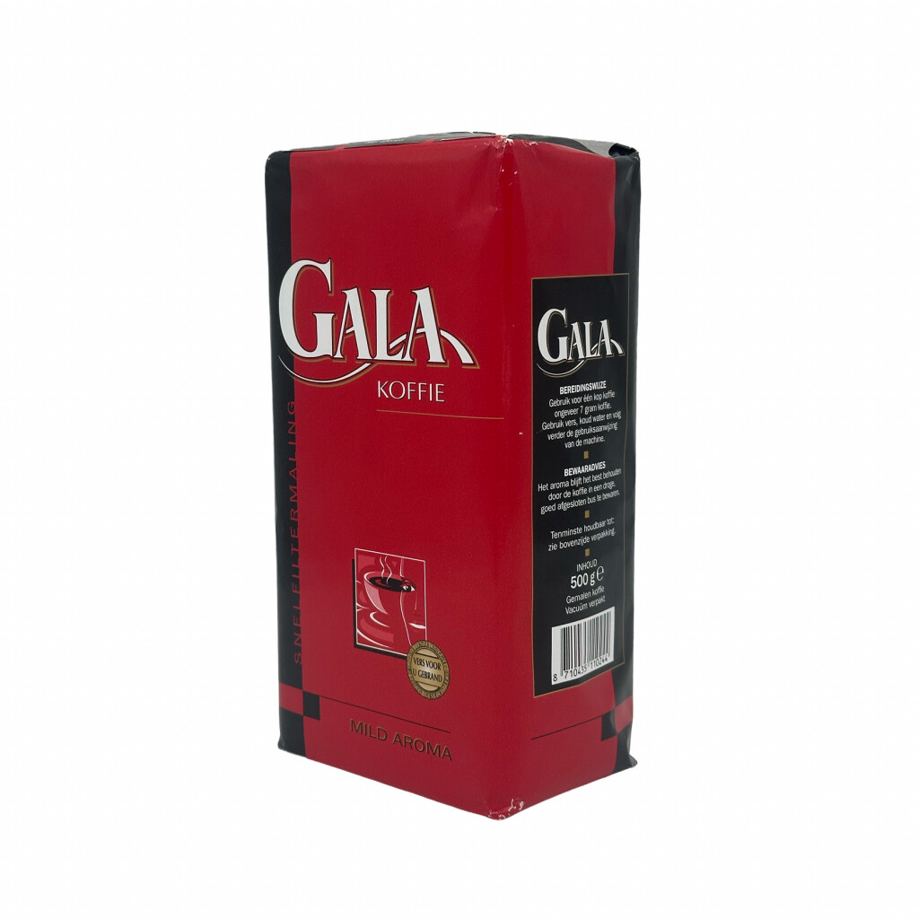 Fram- och sida av ett 500 g-paket malet bryggkaffe från Gala Mild Aroma