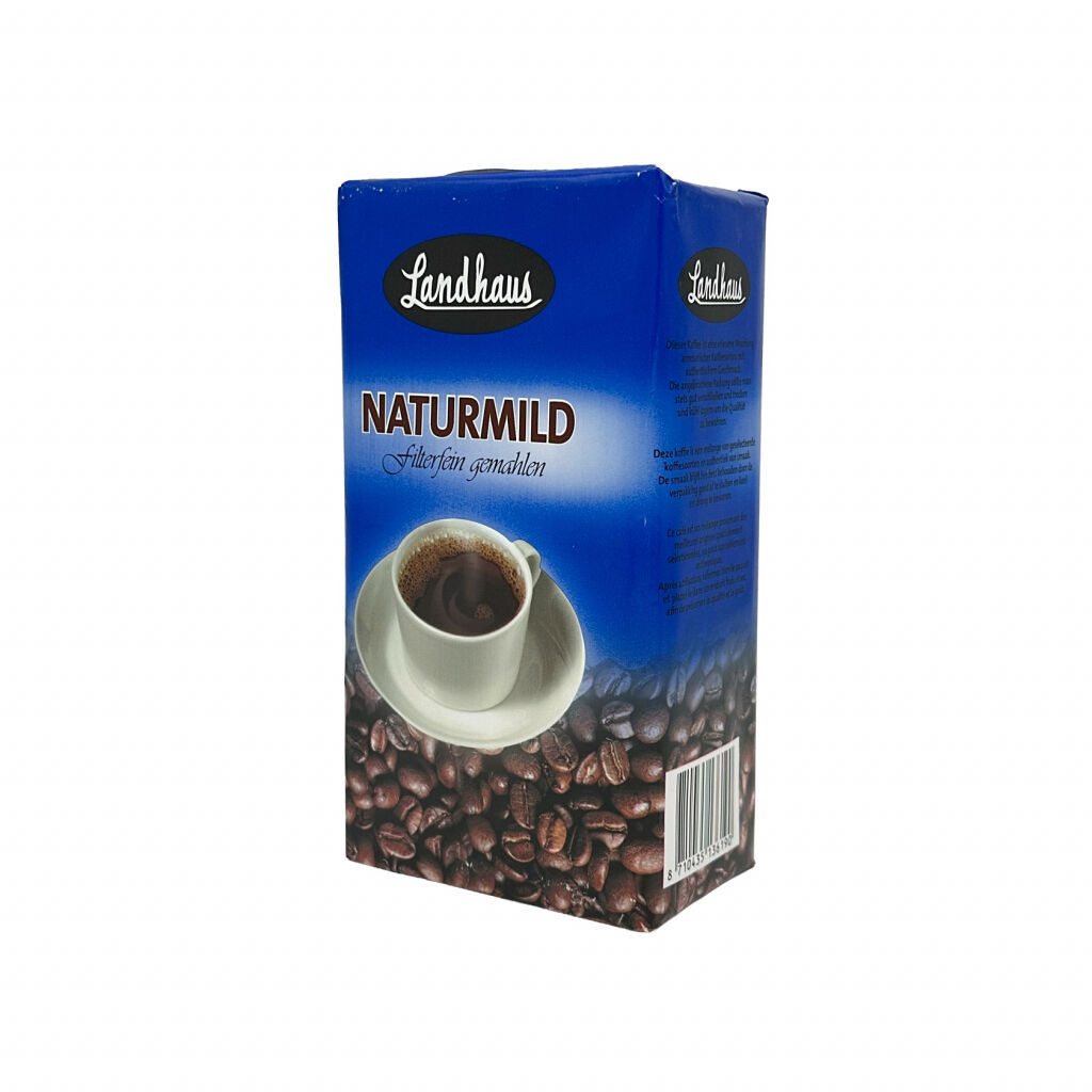 Sida och framsida av ett 500 g-paket malet bryggkaffe från Landhaus Naturmild