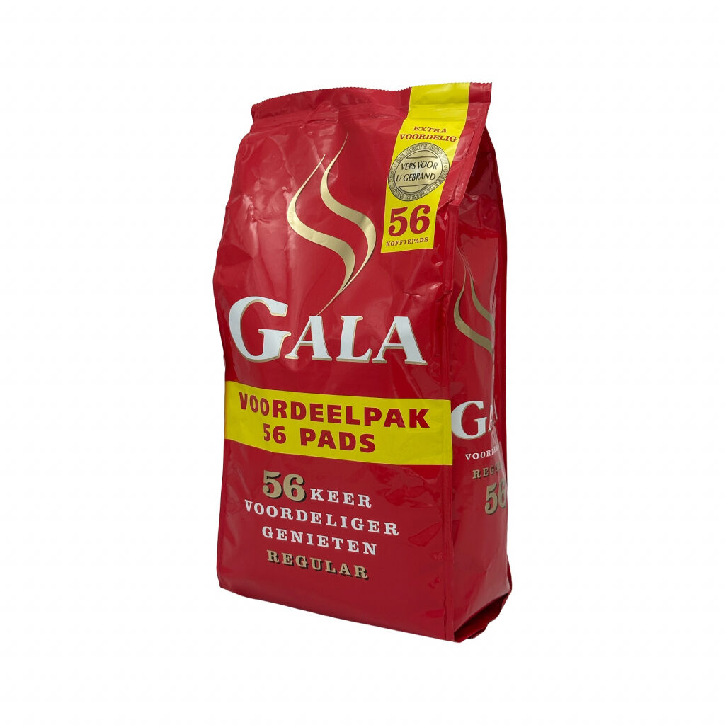 Snett framifrån av en påse kaffe med 56 kaffepads från Gala Regular