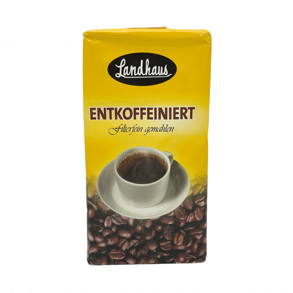 Framsida av ett 500 g-paket malet koffeinfritt bryggkaffe från Landhaus Entkoffeiniert caffeïnevrij