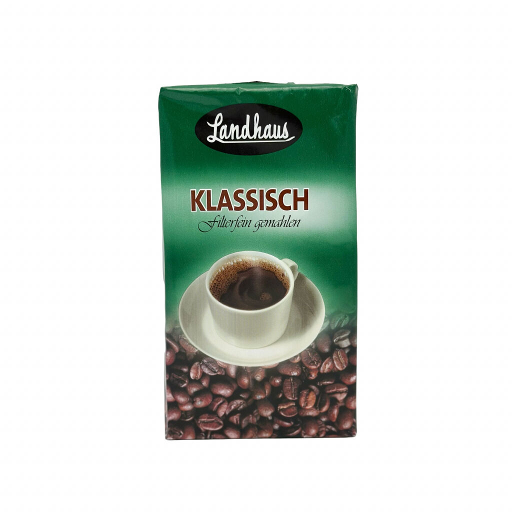Framsida av ett 500 g-paket malet bryggkaffe från Landhaus Klassisch
