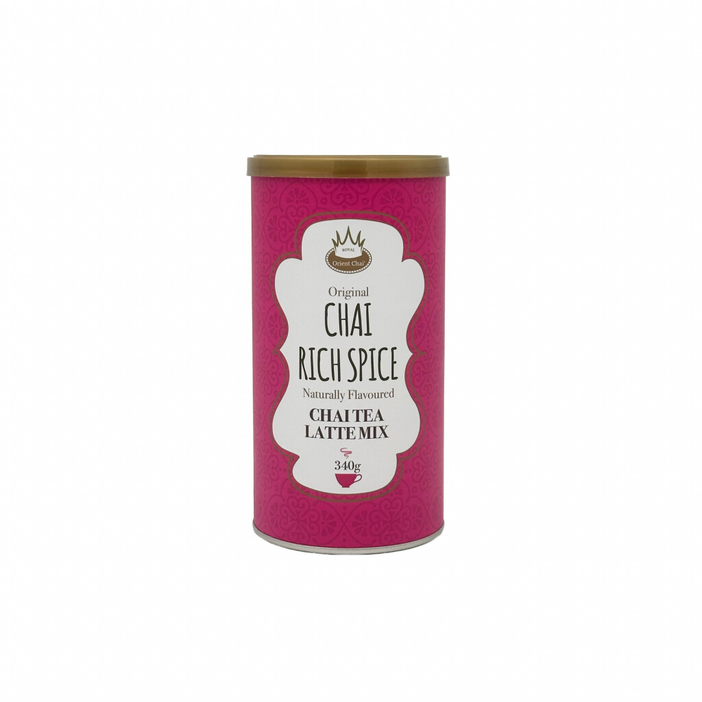 Framsida av Royal T Chai Rich Spice latte-mix, 340 g