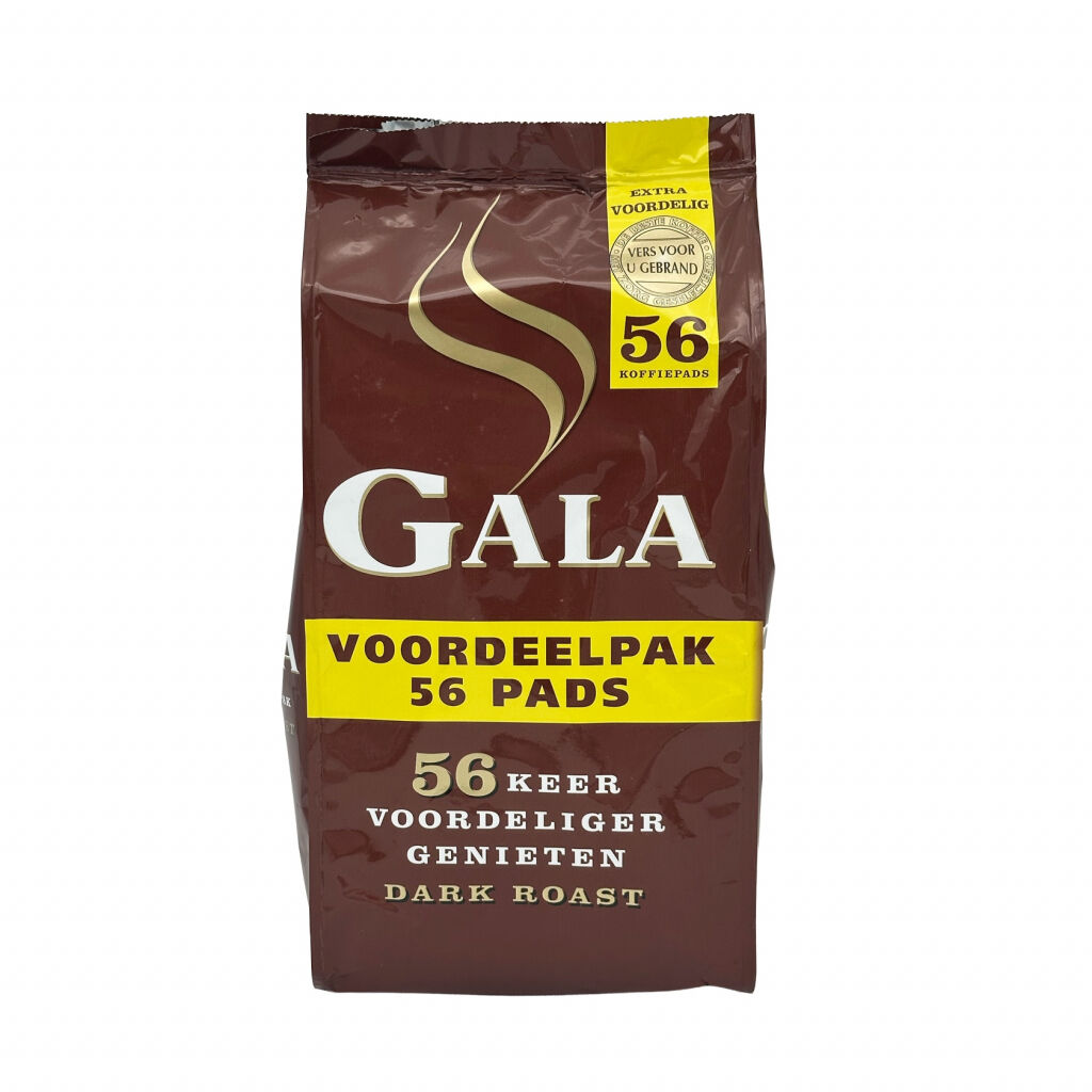 Framsida av en påse kaffe med 56 pads från Gala Dark Roast