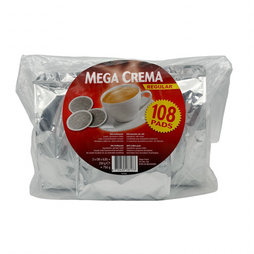 Framsida av påse kaffe med 108 pads från Mega Crema Regular