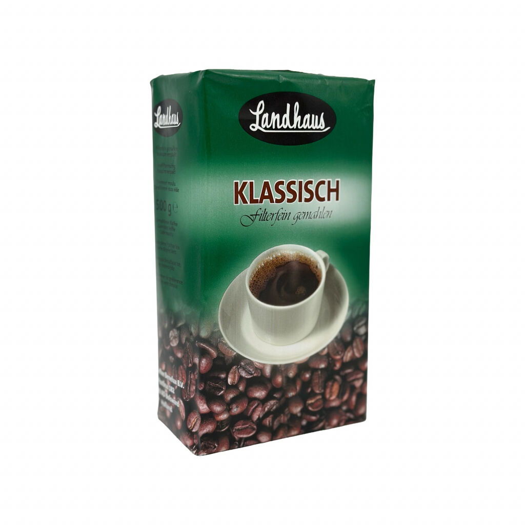 Fram- och sida av ett 500 g-paket malet bryggkaffe från Landhaus Klassisch