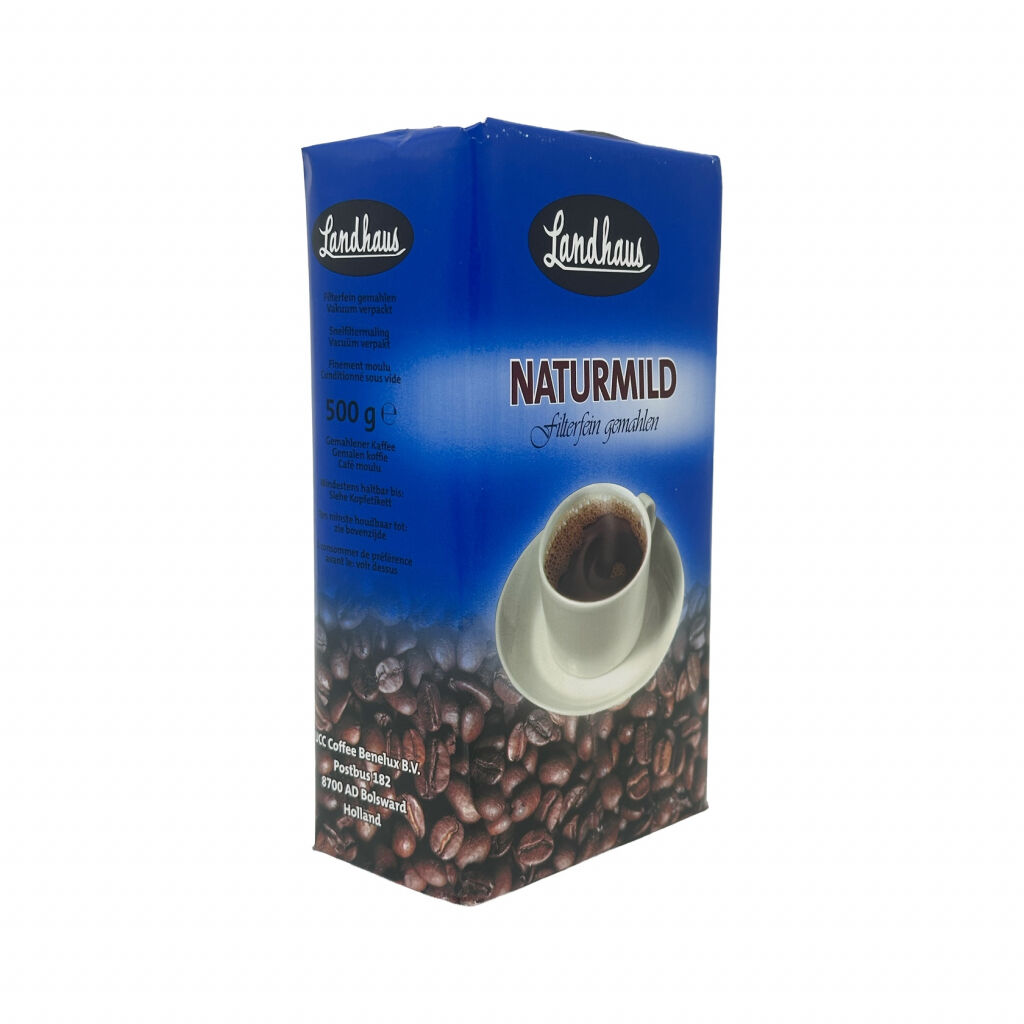 Fram- och sida av ett 500 g-paket malet bryggkaffe från Landhaus Naturmild