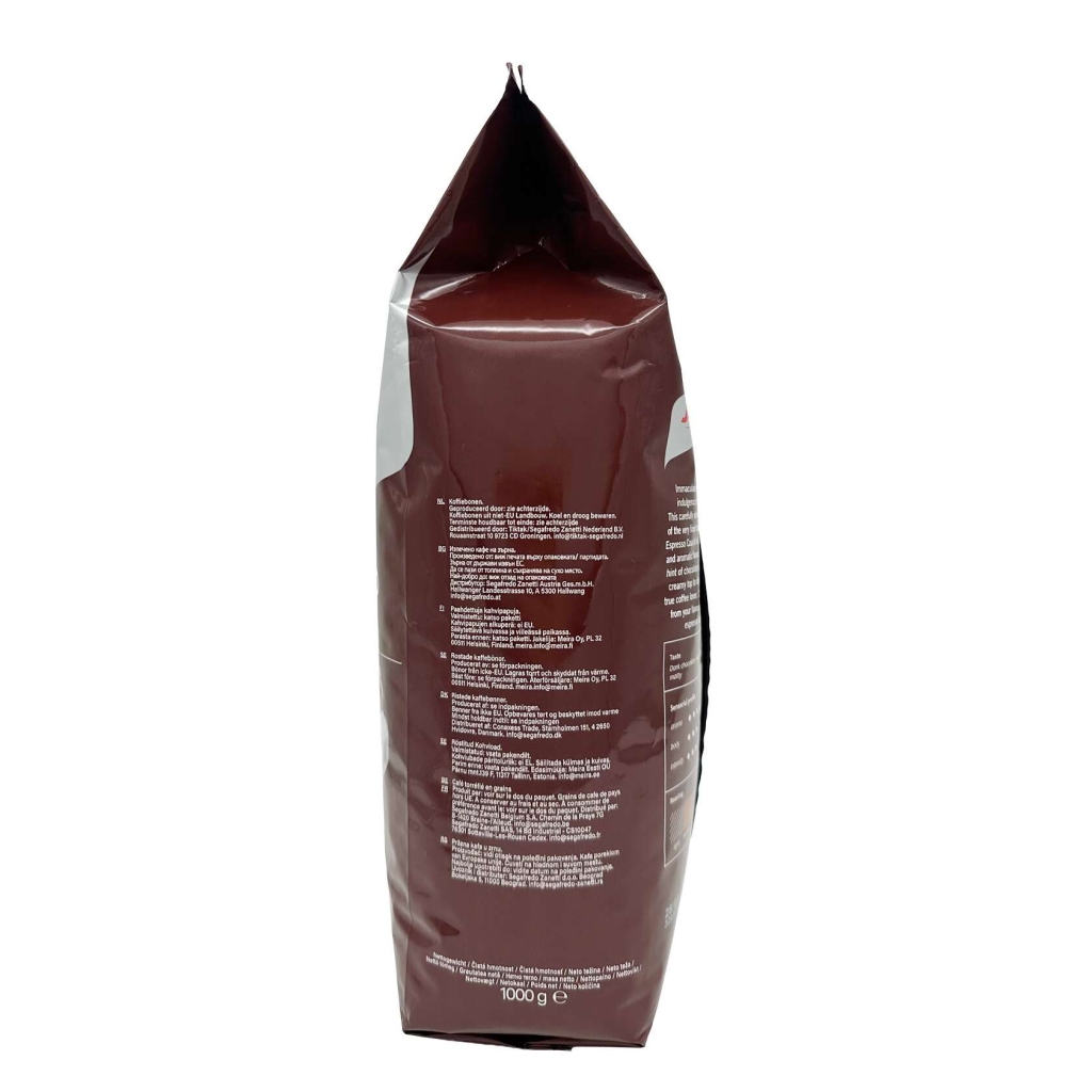 Vänster sida av en påse kaffebönor från Segafredo Espresso Casa, 1 kg