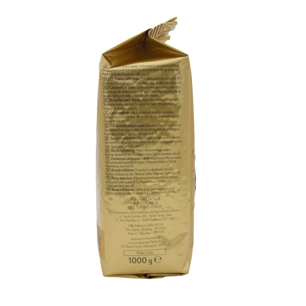 Sidovy från höger av en påse Lavazza Qualità Oro kaffebönor, 1 kg