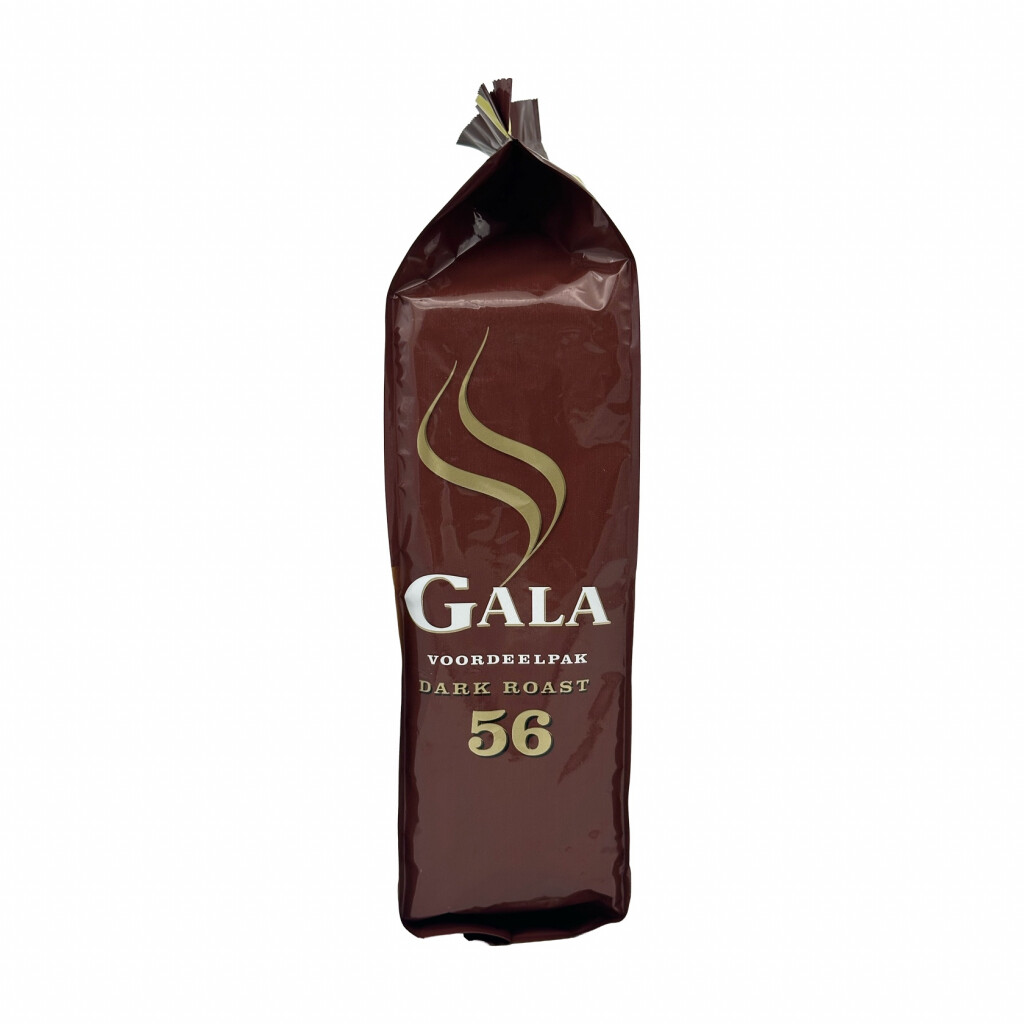Sida av en påse kaffe med 56 pads från Gala Dark Roast
