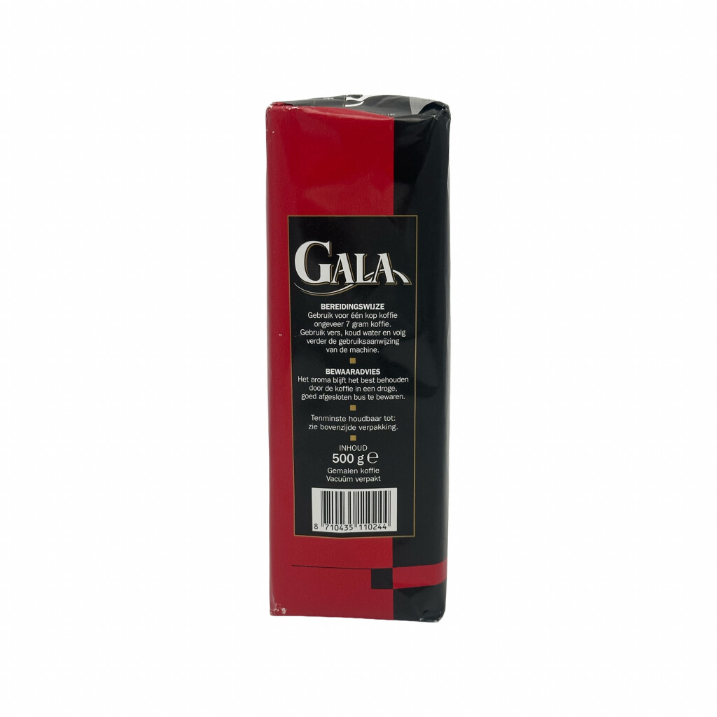 Vänster sida av ett 500 g-paket malet bryggkaffe från Gala Mild Aroma