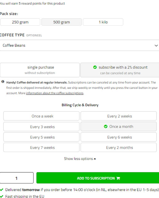 Exempel på kaffeprenumeration