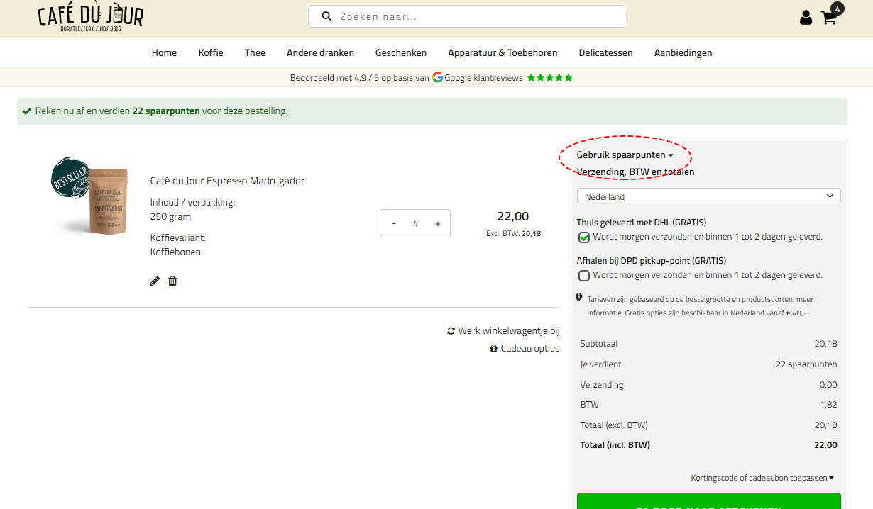 Blocket för att använda bonuspoäng i varukorgen